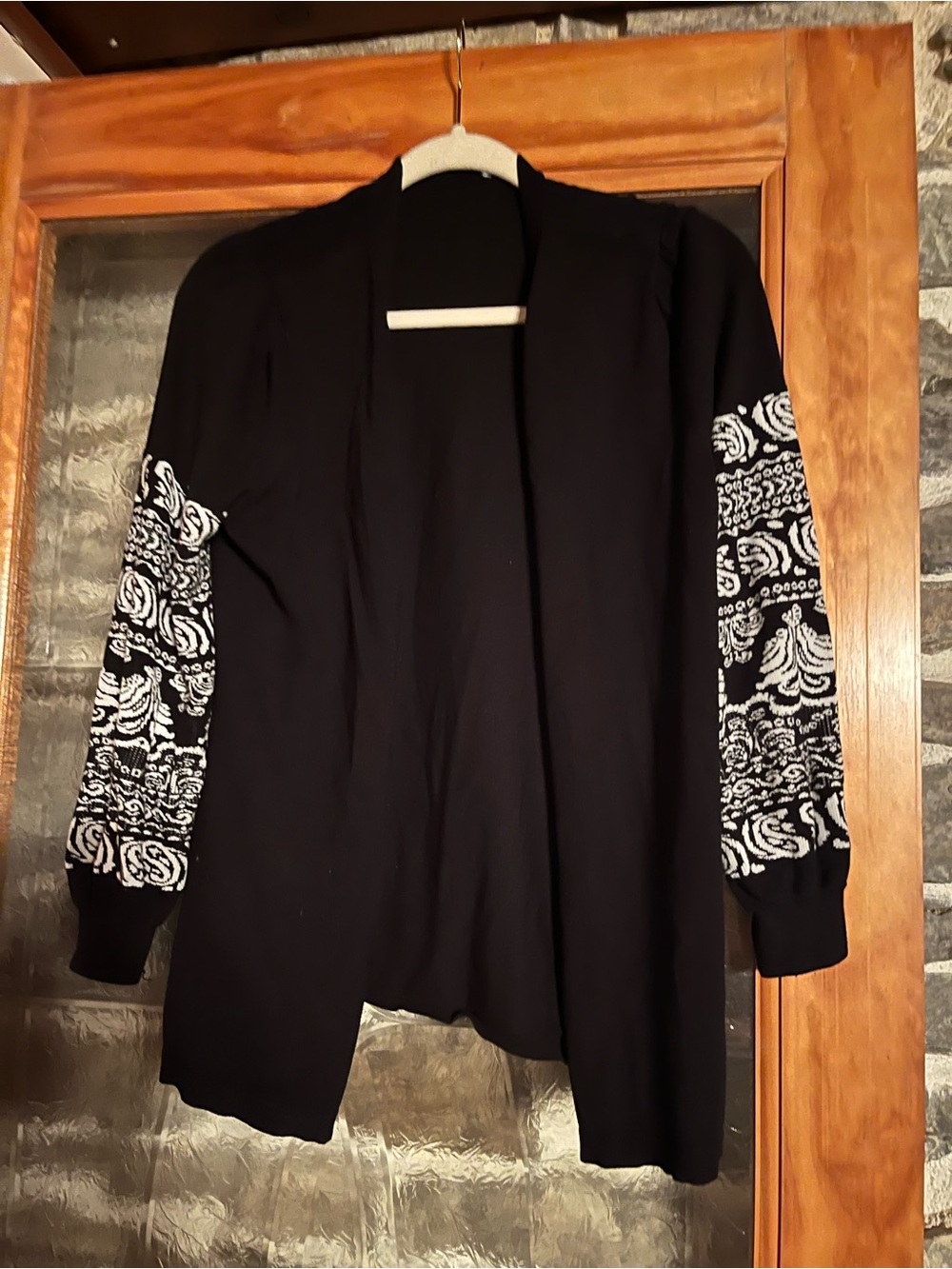 Chico's Black Open-Front Cardigan with White Patterned Sleeves